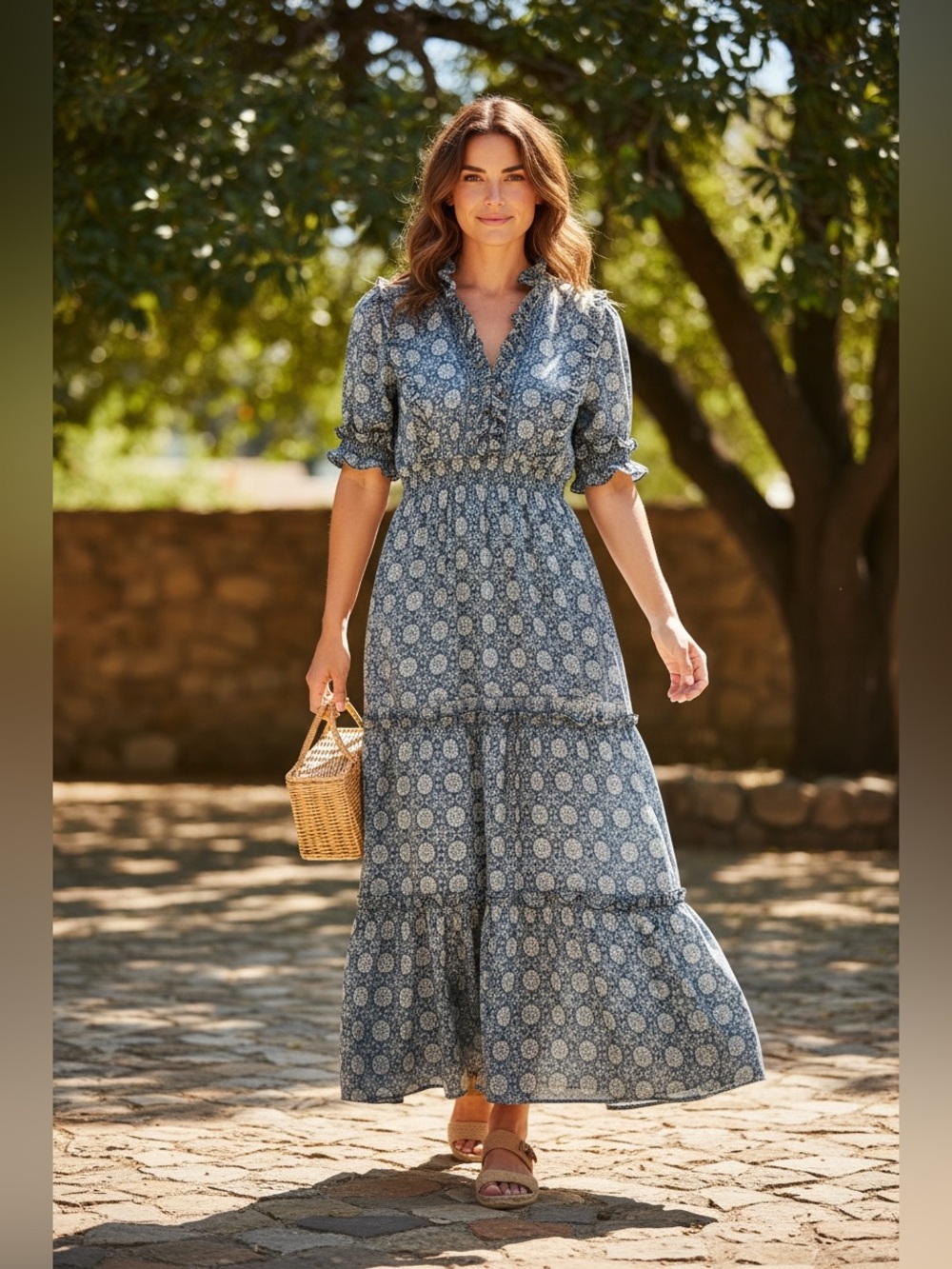 Max Studio Blue Floral Smocked Waist Tiered Maxi Dress